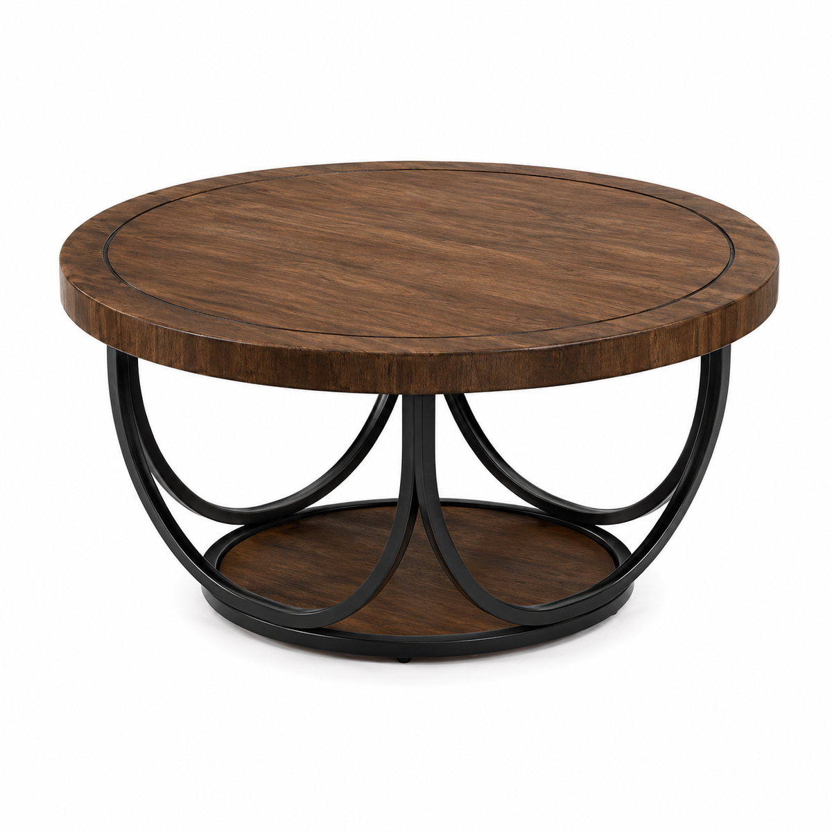 Table Basse Ronde en Bois – 80 cm, Double Plateau de Rangement et Piètement Métallique Élégant