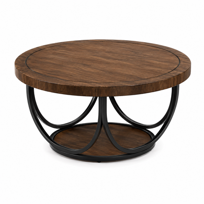 Table Basse Ronde en Bois – 80 cm, Double Plateau de Rangement et Piètement Métallique Élégant