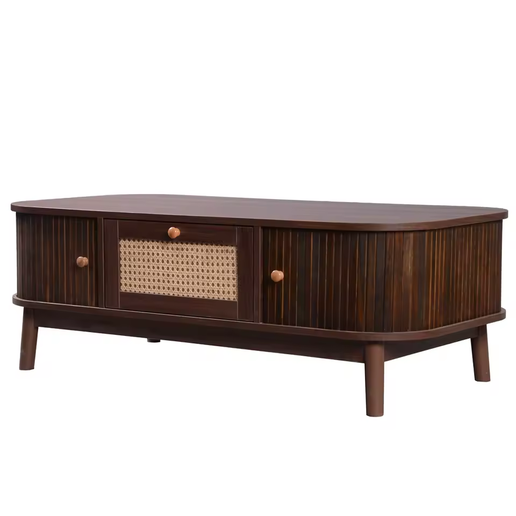 Table Basse en Rotin avec Tiroirs et Portes Coulissantes – Bois Massif 110 cm