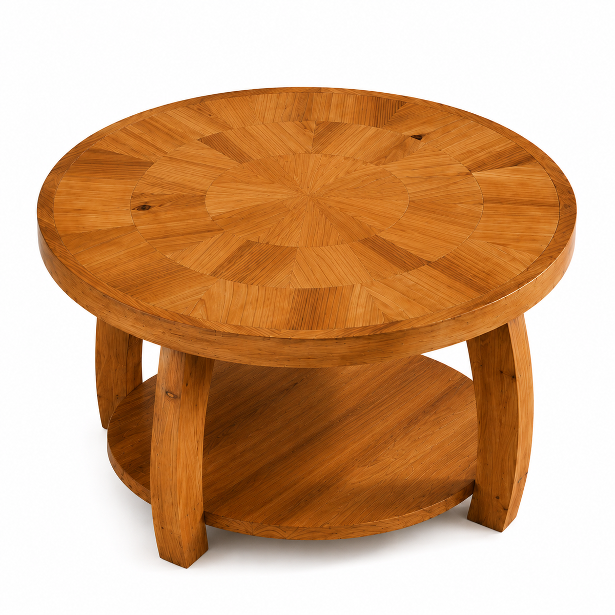 Table Basse Ronde en Bois Massif avec Double Rangement – Plateau Motif Mosaïque, Design Élégant, Marron