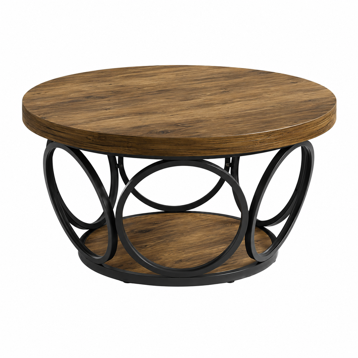 Table Basse Ronde en Bois – 80 cm, Double Plateau de Rangement, Style Rustique Chic