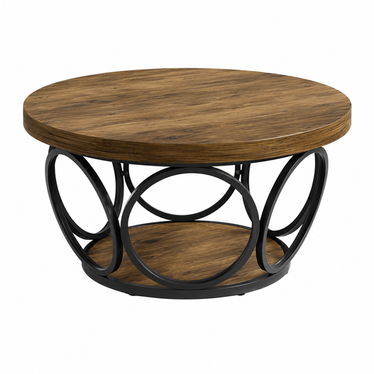 Table Basse Ronde en Bois – 80 cm, Double Plateau de Rangement, Style Rustique Chic