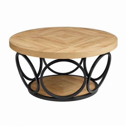 Table Basse Ronde en Bois – 80 cm, Double Plateau de Rangement, Style Rustique Chic