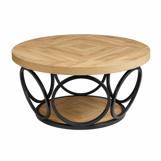 Table Basse Ronde en Bois – 80 cm, Double Plateau de Rangement, Style Rustique Chic